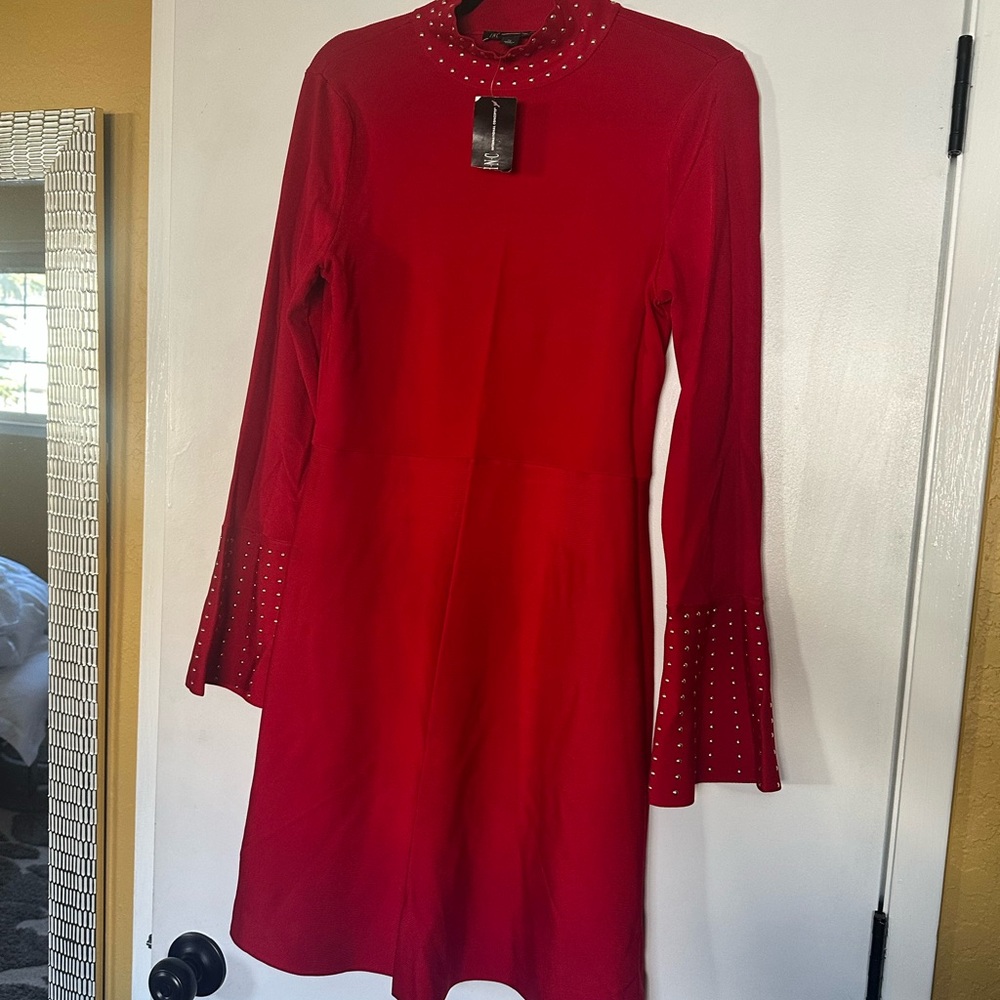INC International Concepts Red Studded Long Sleeve Dress